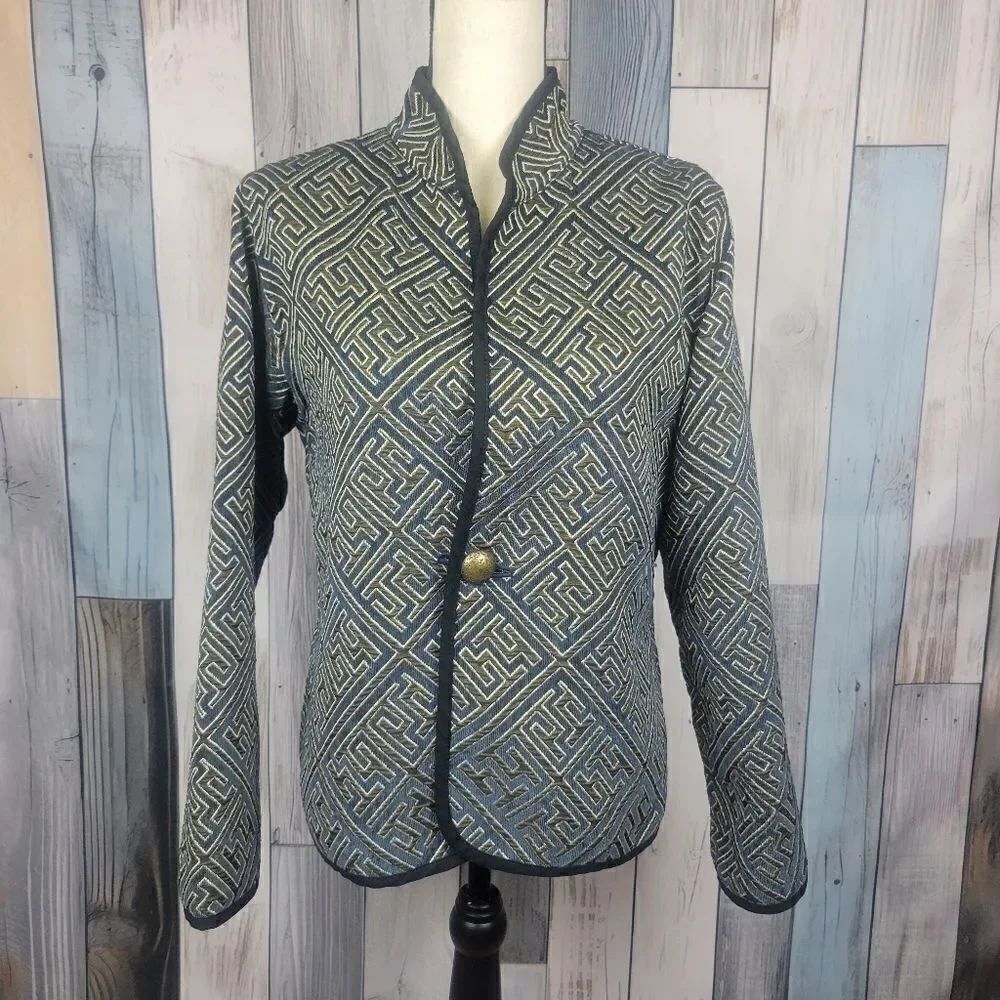 Trimdin Artisan Reversible Tapestry Jacket One Button Blazer Brown Navy size M/L
